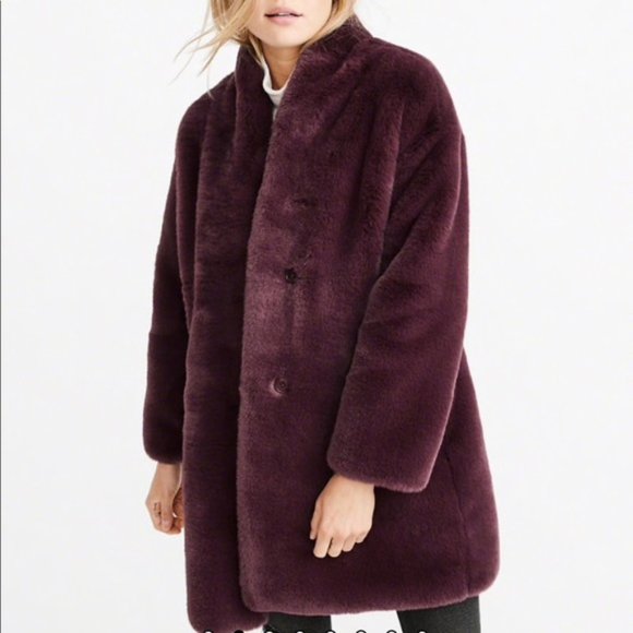 ABERCROMBIE & Fitch burgundy maroon red faux fur shearling coat cozy NEW S - Picture 2 of 11